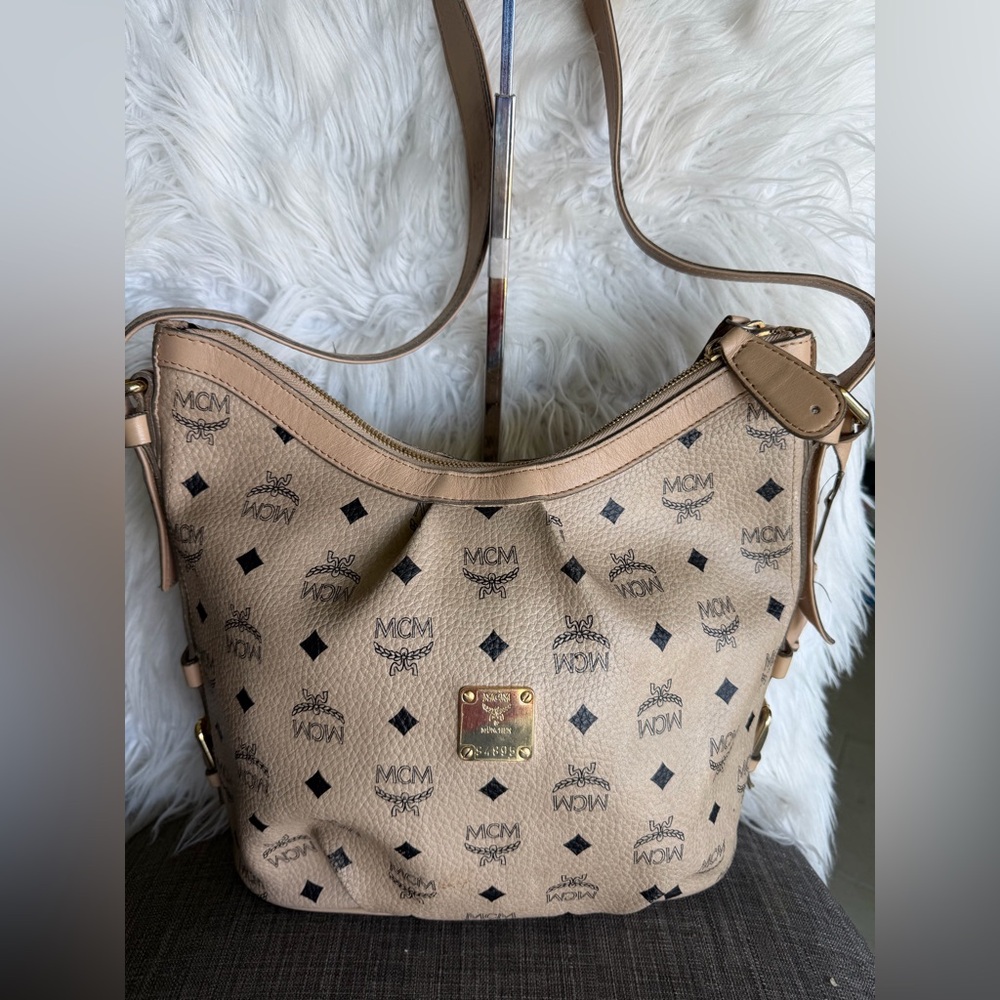 MCM Beige Visetos Monogram Shoulder Bag with Gold Plaque